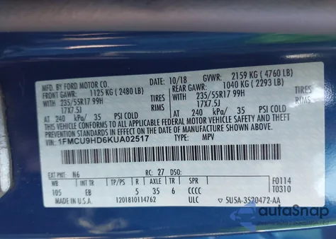 2019 Ford Escape Sel из США, поврежденный, VIN 1FMCU9HD6KUA02517